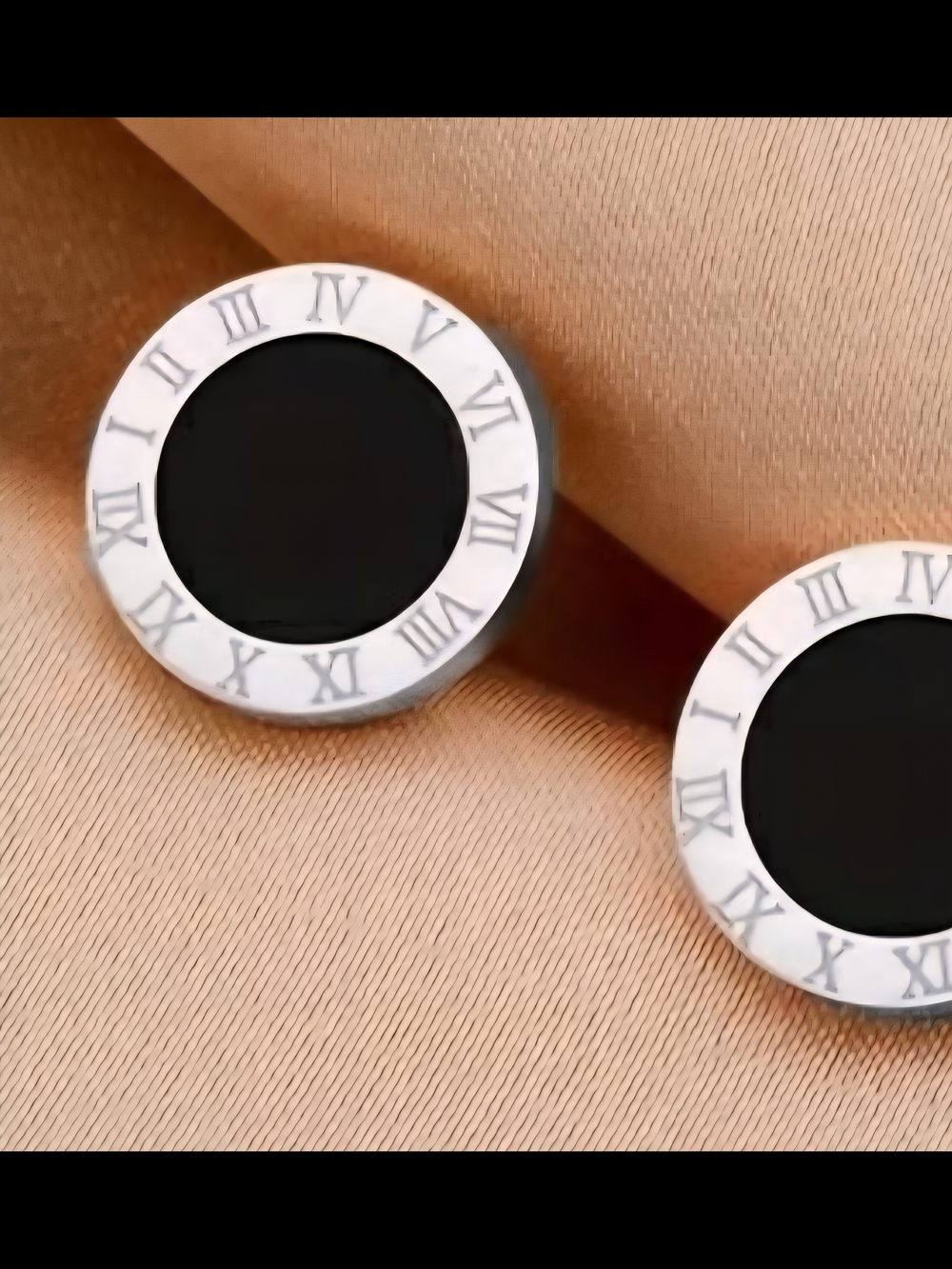 Round Black Inset Roman Numeral Stud Earrings - Picture 2 of 2